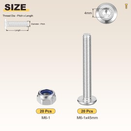 METALLIXITY Furniture Connector Bolt Nut(M6-1x45) 40Pcs, Silver Tone, 304 Stainless Steel Hex Socket Screws with Lock Nuts - for Furniture Woodworking Project, Silver Tone