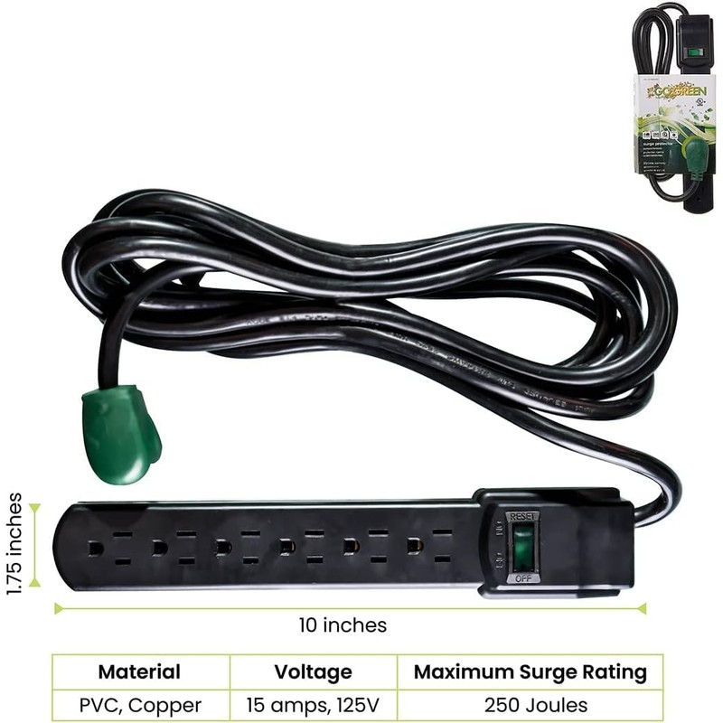 GoGreen Power Inc. (G-16106MSBK-2) 6 Outlet Surge Protector, 6FT Cord,
