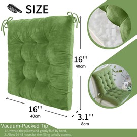 MissSoul 4 Pack Square Seat Cushions - Velvet & Slow-Rebound Foam Chair Pads Chair Pillow Cushion with Anti-Slip Ties for Kitchen, Dining, Office Chairs, Tatami (16"x16", Green)