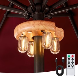 OPOIRA Wood Grain Patio Umbrella Light with Remote Control, Rechargeable Cordless LED Edison Bulbs Pole Light with 10 Brightness Levels for Garden, Patio, Backyard, Camping or BBQ (1 Pack)