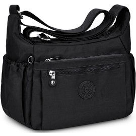 WACCET Women's Large Shoulder Bag, Waterproof Nylon Crossbody Bag with Adjustable Wide Shoulder Strap, Women's Handbag with Many Compartments, Lightweight Shoulder Bag for Travel, Work, black