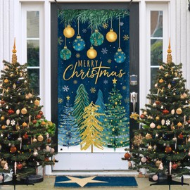 Deroro Merry Christmas Pine Trees Door Cover Decorations, Xmas Ball Ornaments Snowflakes Front Door Banner Background, Winter Holiday Party Indoor Outdoor Home Decor 3 x 6 FT