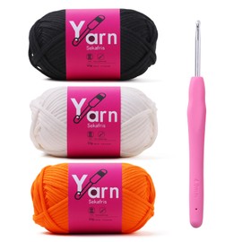 Sekafris Crochet Yarn with Cotton Yarn for Crocheting - Crochet Knitting Yarn for Beginners with Easy-to-See Stitches - Yarn for Crocheting - Parfait Chunky Yarn (Black+White+Orange Peel)