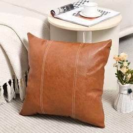 Fancy Homi 2 Packs Brown Faux Leather Decorative Throw Pillow Covers 16x16 Inch for Living Room Couch Bed Sofa, Hand Stitched Accent Square Cushion Case, Rustic Modern Farmhouse Boho Home Decor