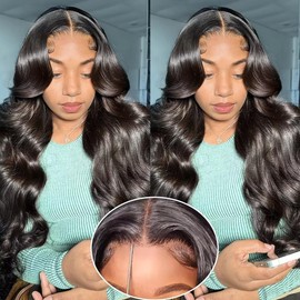 13 x 4 Wear and Go Glueless Human Hair Wig, Pre Cut Lace Wigs, 150% Density, Pre Plucked, Natural Hairline, Body Wave Wigs, Bleached Knots, Upgraded HD Lace Front Wig, 18 Inches, Natural Colour