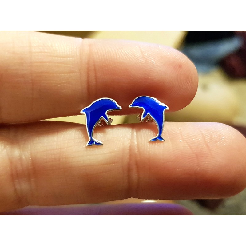 Dolphin Earrings 925 Sterling Silver Blue