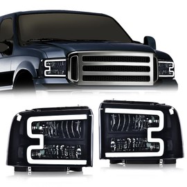 GRAND ORANGE LED DRL BAR Headlights Assembly Compatible with 2005-2007 Ford F250 F350 F450 F550 Super Duty/ 05 Ford Excursion Headlamps Smoke lens Black Housing Clear Reflector