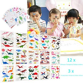 Kare & Kind Temporary Tattoos for Boys, Kids, Children - Dinosaur and Transportation Designs - 15 Sheets (190 pcs) - Dinosaur and Transportation Tattoo Stickers - Party Supplies, Decoration, Gift