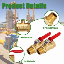 Litorange 2 PCS Heavy Duty Brass Mini Ball Valve Shut Off Switch, 1/4" BSPT (Male) x 1/4 INCH BSP (Female) Pipe Fittings, 180 Degree Operation Handle, Rated to 600WOG