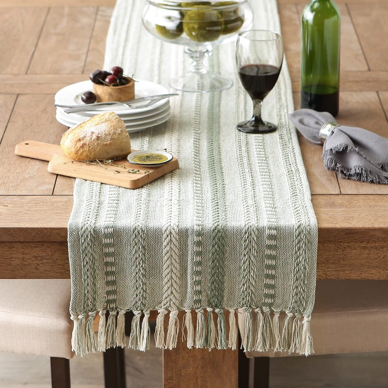 DII Farmhouse Braided Stripe Table Runner Collection, 15x108, Artichoke Green
