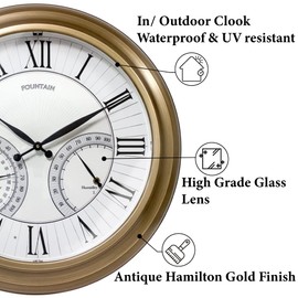 FOUNTAIN DESIGNS 24" Jameson in/Outdoor Clock, Self-Illuminated, Waterproof, 3 in 1 Weather Station (Thermometer & Hygrometer), Metal Clock, Antique Hamilton Gold Finish. (Night Light)