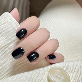 Short Square False Nails, 24Pcs Pure Solid Colour Black Fake Nails Square Press on Nails, Daily Glossy Nail Tips with Nail Glue, Thicken Stick on Nails for Women (Black)