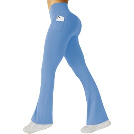 FireSwan Women's Flare Yoga Pants with Pockets High Waist Flared Leggings Bootcut Gym Workout Pants Tummy Control Blue
