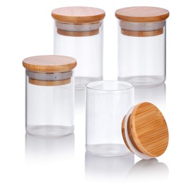 2.3 oz Premium Borosilicate Clear Glass Jar with Bamboo Silicone Sealed Lid - Non-toxic, BPA free, Higher Thermal Shock Resistance than Regular Glass, Microwave, Dishwasher, Freezer Safe (4 Pack)