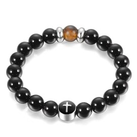 BIYONGDE 10MM Black Onyx Tiger Eye Bead Chain Bangle Bracelet with Stainless Steel Cross Bead Charms, Stretchable, Prayer