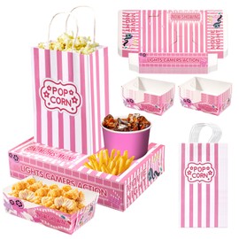 Rzoklot 48 PCS Pink Movie Night Party Supplies – 24 Snack Boxes, 12 Food Trays, 12 Popcorn Bags – Cute Disposable Snack Holders for Girls' Night, Birthday Party, or Home Theater