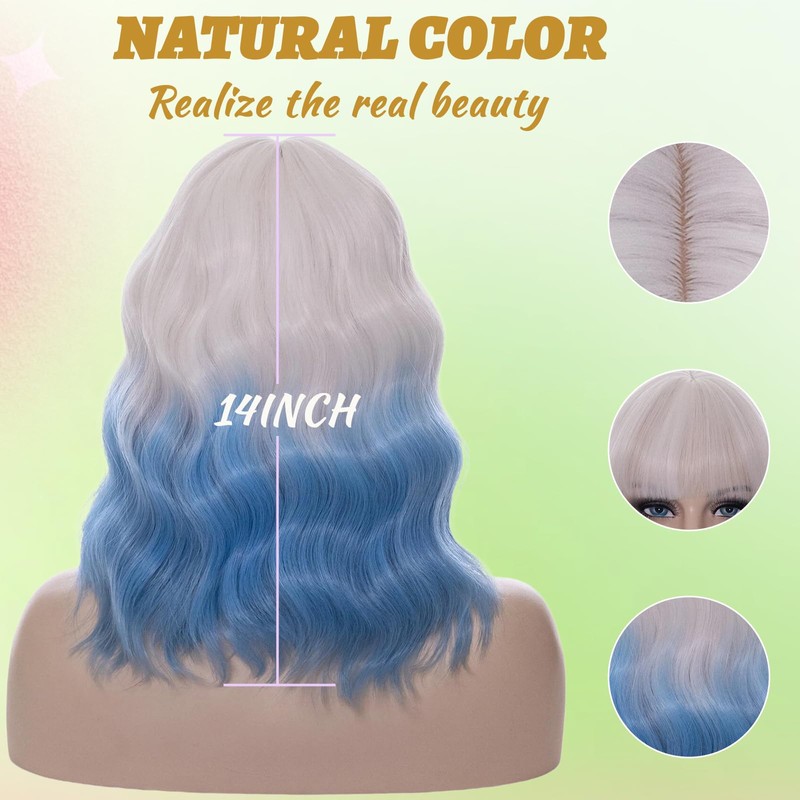 14" White Ombre Light Blue Short Bob Wavy Curly Bangs