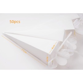JINLYXHUI 50 Pcs Candy Paper Boxes with Ribbons Cone Box for Wedding Baptism Birthday Party Decorations (Heart-shaped, White)