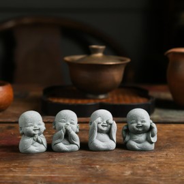 LWDUDE - Juego de estatua de Buda 4 en 1 para decoración espiritual, Feng Shui, zen y interior/exterior, bonita estatua de Buda para decoración del hogar, acuario y jardín asiático. Con amuleto