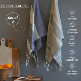 The Fine Living Co. Turkish Hand Towels, Set of 2 | 100% Cotton – Soft and Stylish, A Great Gift for The Fall Season & Home (Blue & Gray, 40"x18")