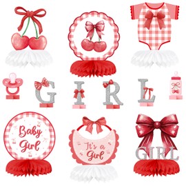 ArowlWesh Red Bow Baby Girl Party Honeycomb Centerpieces, It’s a Girl Bow Coquette Baby Shower Table Decoration, Gender Reveal Party Supplies Pregnancy Announcement Table Topper Birthday Display