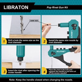 Libraton Rivet Gun Kit, Pop Rivet Gun, Heavy Duty Rivet Tool, Professional Hand Riveter, Manual Riveting Tool with 120 Blind Rivets, 4 HSS Drill Bits, 4 Tool-free Interchangeable Heads