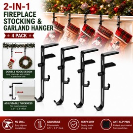 Gayrrnel 4 Pack Stocking Holders for Mantle, 2 in 1 Mantel Hanger for Garland Hooks for Christmas Adjustable No Drill Mantle Garland Hange for Fireplace Xmas Holiday Home Party Decoration