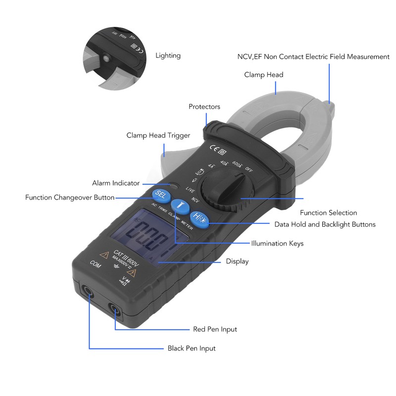 Smart Clamp Multimeter High Accuracy 600A Non Contact Backlight Digital