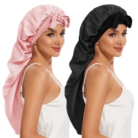 Long Bonnet for Braids & Curly Hair, Silk Satin Bonnet for Sleeping, Extra Large Bonnets for Women Braid Shower Cap (Black Light Pink)