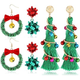 NVENF Christmas Earrings for Women Xmas Bow Wreath Earrings Long Tassel Christmas Tree Earrings Festive Gifts Holiday Accessory