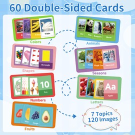 Bsenhe 60 PCS Double Sided Flash Cards for Toddlers Age 1 2 3, First Words Flashcards Baby Flash Cards Letters Numbers Colors Shapes Animals Seasons Preschool Learning Activities