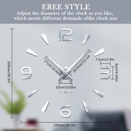 suaywo Silver 3D DIY Wall Clock Modern Mute DIY Frameless Large Wall Clocks for Kitchen Wall Clock Stickers for DIY Living Room Decor Home Living Room Bedroom Office