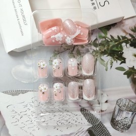 24 Pcs French Press on Nails Medium Square 3D Flower Fake Nails French Tip False Nails with White Flower Luxury Rhinestone Glitter Nail Design Full Cover Acrylic Nails Glue on Nails for Women