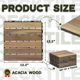 VICTORY RELAX Acacia Wood Flooring Interlocking Deck Tiles for Patio Decor 9 Pcs 6 Slats VR White Oak - Waterproof Indoor & Outdoor Decor - Balcony Garden Decking Tile (12.24 * 12.24 * 0.75 inches)