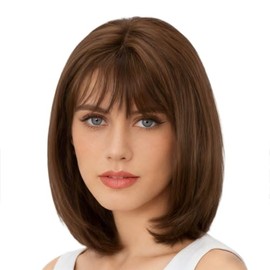 Onpep Pelucas cortas y rectas estilo Bob con flequillo de aire, color marrón miel, para mujer, longitud al hombro, pelucas de fibra resistente al calo