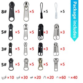 Juego de 252 piezas de reparación de cierre, tiradores de cierre de repuesto, cierre de cierre de repuesto con alicates de instalación para chamarra, mochila, equipaje, saco de dormir #3#5#8, plateado y negro