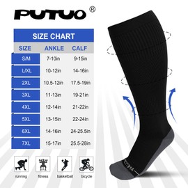 PUTUO Large Calf Flight Socks: Plus Size Compression Sock for Men Women - Extra Wide Calf Graduated Compression Stockings for Support Travel Pregnancy Edema Nurses Seniors 20-30 mmhg Black 3XL 3Pairs