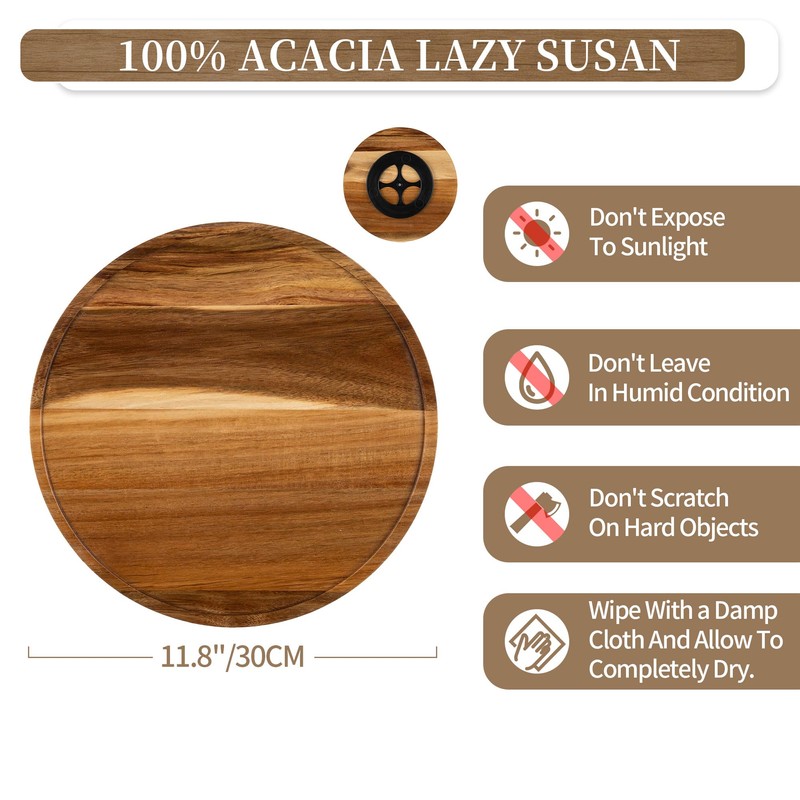 Hanobe Wood Tray Lazy Susan: Round Acacia Wooden Turntable Decorative