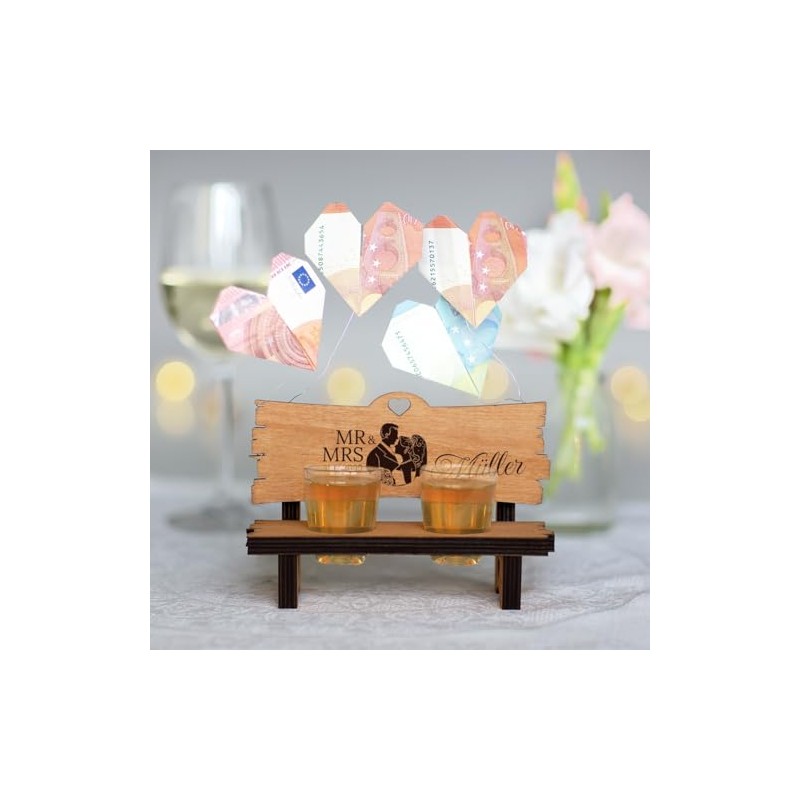 Personalisierte Hochzeitsbank mit 2 Schnapsgläsern inkl. Gravur individuell Schnapsbank Hochzeitsgeschenk