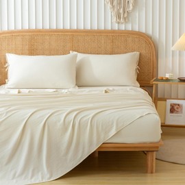 COTTEBED Bed King Sheet Set, Lightweight Super Soft Easy Care Washed Polycotton, Vintage Wrinkle Look, 4 Piece Bedding Sheet Sets with 16 Inch Deep Pocket for Women Men All Seasons, Ivory Beige Solid