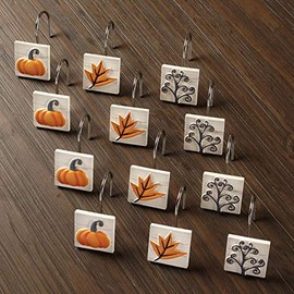 The Lakeside Collection Plaid Pumpkin Shower Curtain Hook Hangers with Autumn Icons - Set of 12
