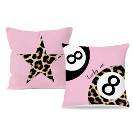 BUJSP Pink Trendy Cheetah Leopard Print Room Decor Pillow Covers 18x18, Preppy Cheetah Print Star Lucky 8 Ball Decorative Throw Pillow Covers for Girls Bedroom Dorm Apartment, Set of 2
