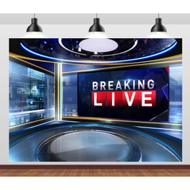 CORFOTO Fabric 12x8ft News Broadcast Backdrop TV Show Newscaster Studio Photography Breaking Media Monitor Equipment Microphone Reporter Interview Stage Video Recording Photocall Background Props