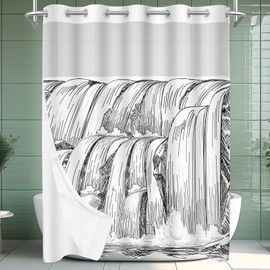 Wyljljy White and Black Shower Curtain No Hook, Aesthetic Shower Curtain with Snap in Liner, Double Waterproof Set with See Through Mesh Top Window, Waterfall Stripe, 71" x 74" (White)