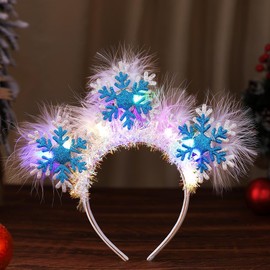 Johiux LED Christmas Headband Snowflakes, Luminous Christmas Hair Accessories with Feather Snowflakes, Christmas Headpiece, Christmas Headband for Children Adults for Christmas Party Gift