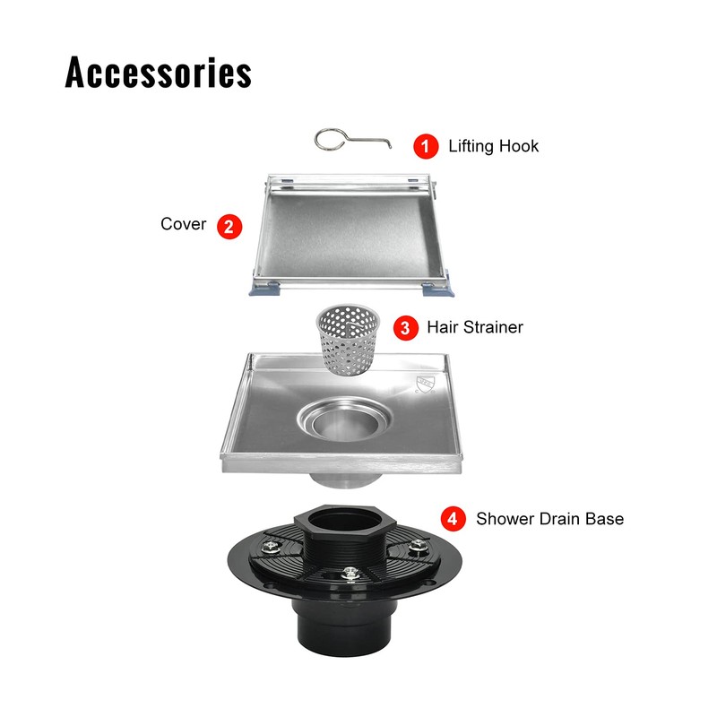 SaniteModar Square Shower Drain 6 inch with Shower Drain Base,