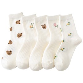 Tooe Women's 5 Pairs Bear Preppy Cute Crew Socks Kawaii Fairycore Flower Knitting Ankle Socks Cutecore Soft Cotton Socks, Multicolored, One Size