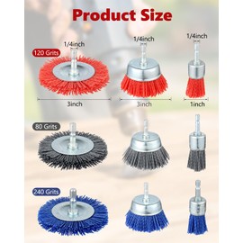 AOKLIT 9 Pack Nylon Filament Abrasive Wire Brush Wheel & Cup Brush Set, Nylon Brushes for Drill with 1/4”Hex Shank for Removal of Rust Corrosion Paint-80 Grit, 120 Grit, 240 Grit