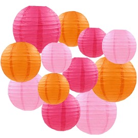 12pcs Hot Pink and Orange Paper Lanterns - Round Ceiling Hanging Paper Lampshades,for Birthday, Baby Shower, Wedding, Party Decorations (4", 6", 8", 10")