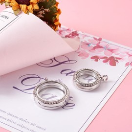 PandaHall 4pcs Rhinestone Photo Charms Flat Round Living Floating Memory Locket Crystal Photo Box Pendants Platinum Double Sided Bridal Wedding Bouquet Charms for DIY Jewelry Crafts Making